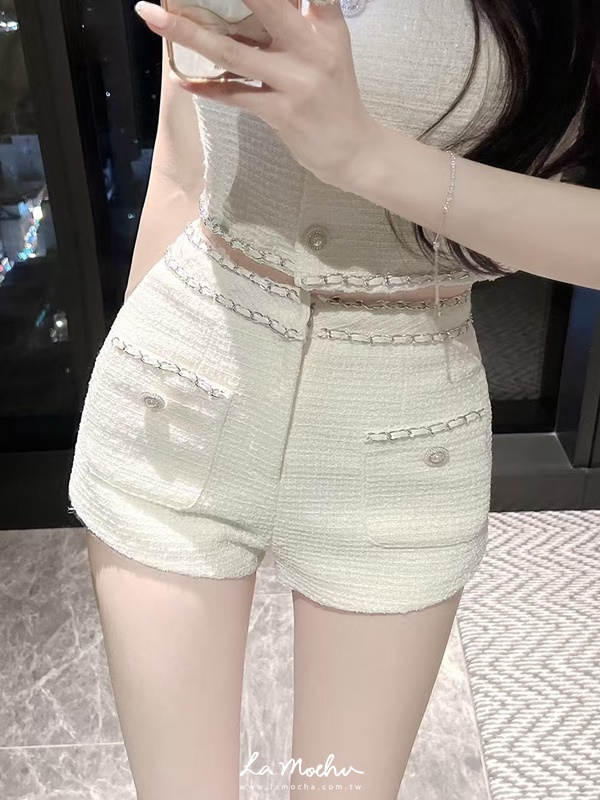 鍊帶滾邊背心+短褲小香套裝